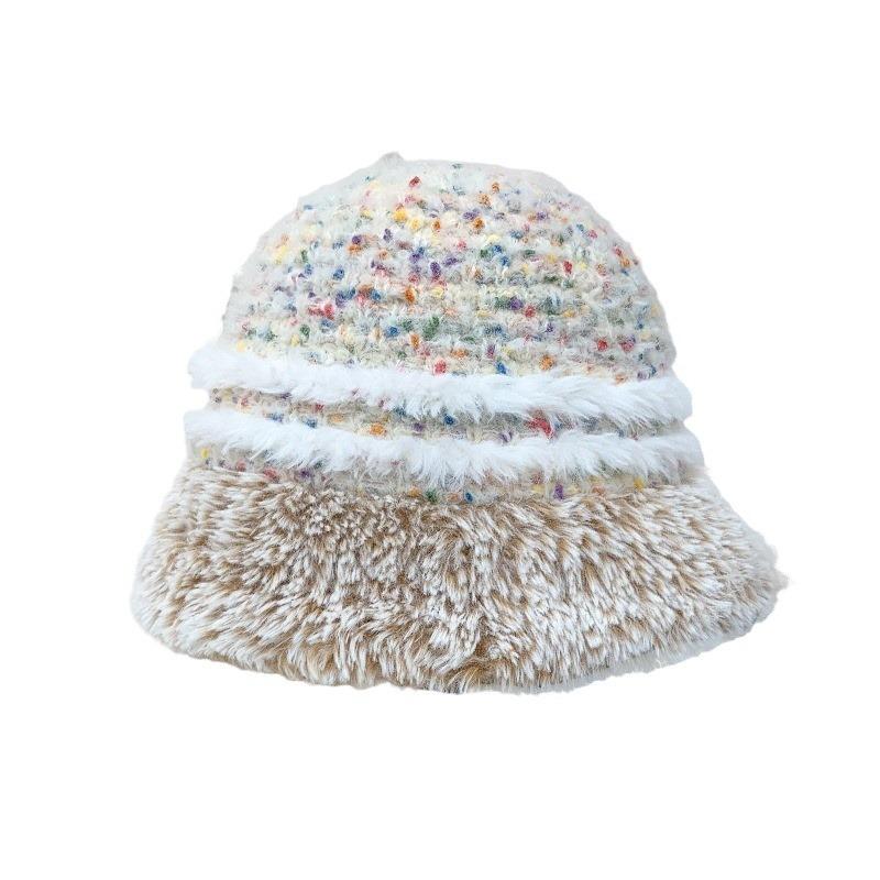 Autumn and Winter New Mixed-color Striped Knitted Hat Plush Bucket Hat Women's Warm Versatile Washbasin Hat