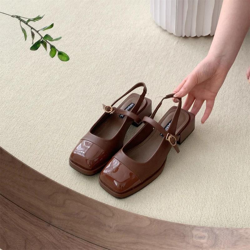 Fashion Women Square Toe Mary Jane Sandals Design Chunky Heel Dress Shoes Summer New Fashion Slingback Walking Party Pumps Zapatos Mujer