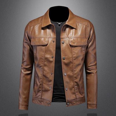 2023 Herren Slim Fit Biker Lederjacke mit Umlegekragen