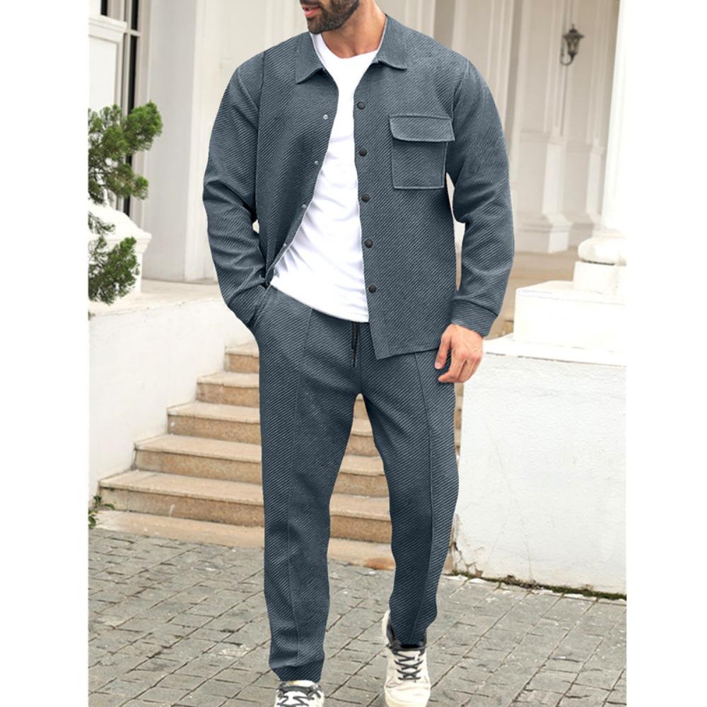 Men's Slim Fit Cardigan Jacket Single-breasted Pocket Long Sleeved Sportswear Elegant Two-Piece Set with Long Pants