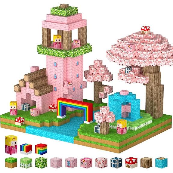 100PCS Magnetic Blocks - Grassland Magnetic Building Blocks Set, Magnetic Tiles STEM Sensory Outdoor Toys, Build Forest World Cubes Set for 3+ Year розовый