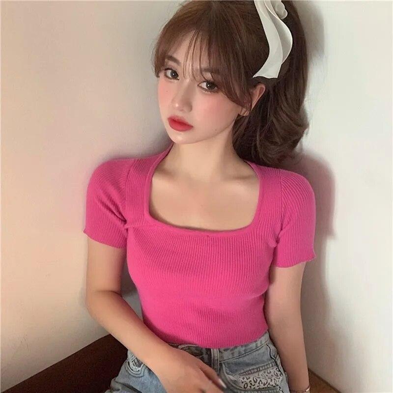 Women's Korean Square Collar Solid Short Sleeve Knitted Slim Pullover T-Shirt