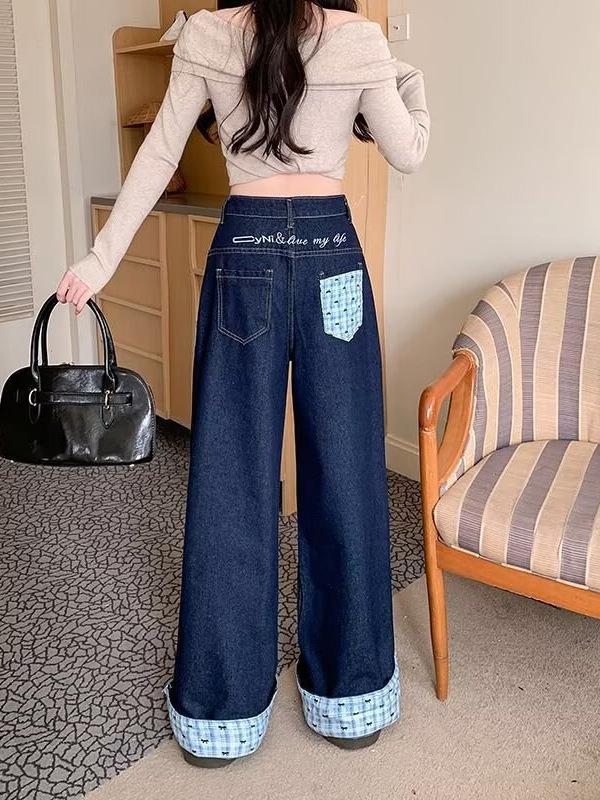 Retro Plaid High-Waisted Wide-Leg Bow Patchwork Jeans for Women