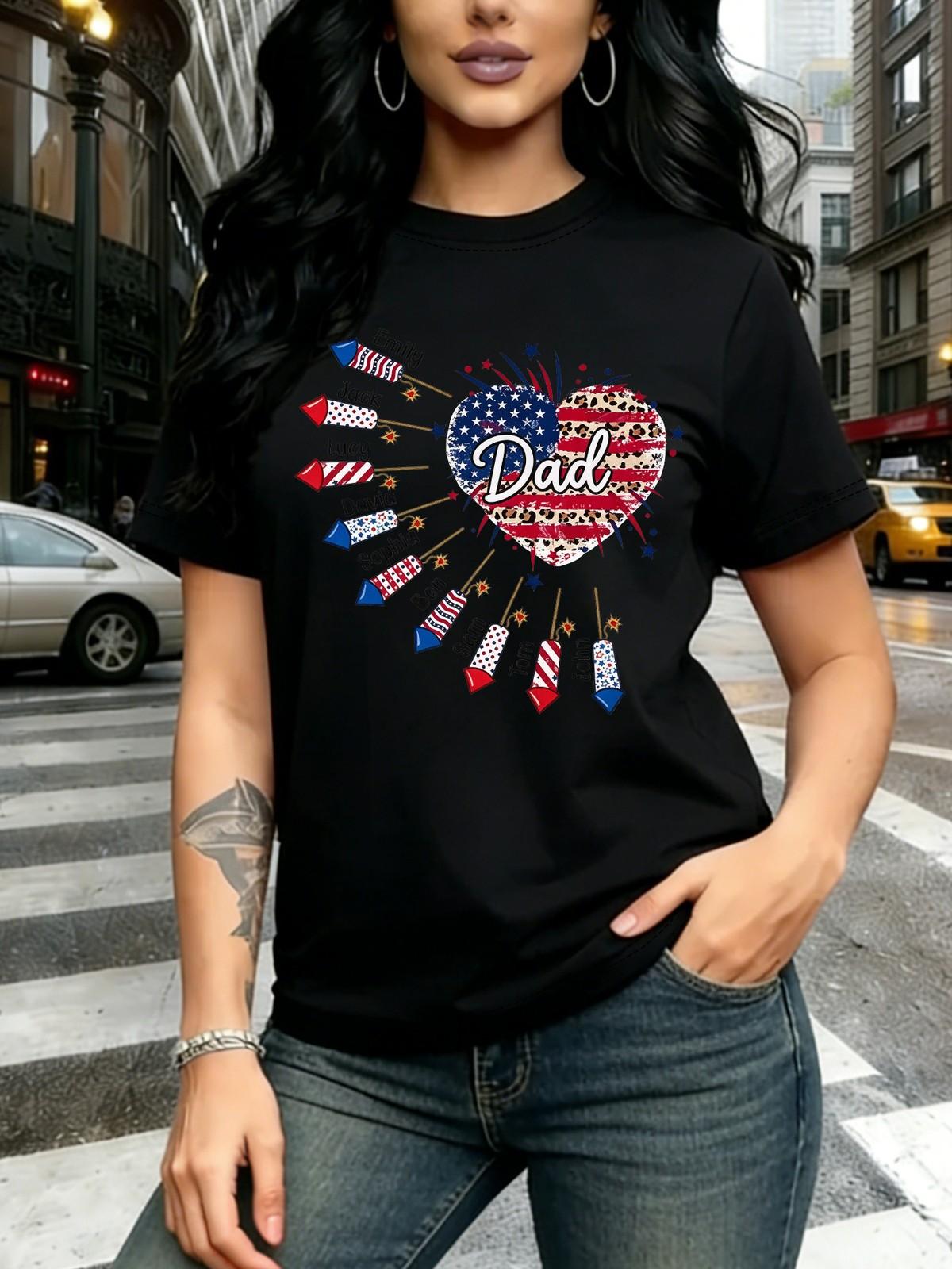 Casual TShirt Heart Leopard Print American Flag Fireworks Rockets Pattern Top S