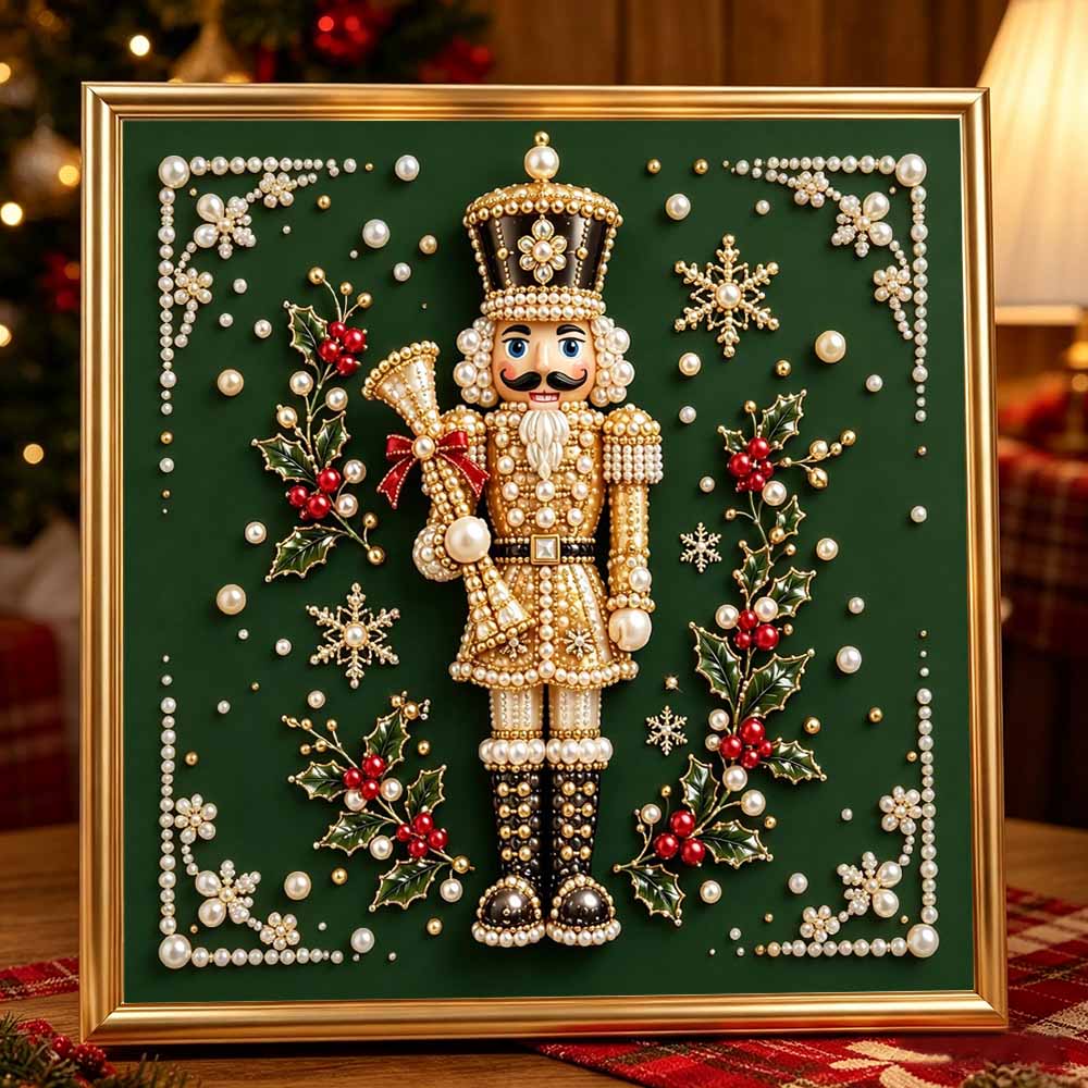 DIY Framed Pearl Painting Kit with Christmas Nutcracker Pattern 5D Sparkling Bead Art Canvas Ready to Display Home Decor Gift Idea