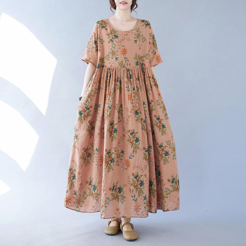Short Sleeve Plus Size Cotton Vintage Floral New In Dresses for Women Casual Loose Long Summer Dress
