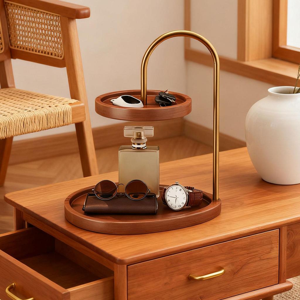 Decorative Wooden Jewelry Organizer 2 Tier Necklace Display Stand for Bathroom Countertop and Drawer Storage