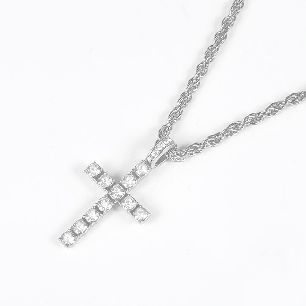 European & American Style Rhinestone Cross Pendant Necklace with 4mm Tennis Chain - Trendy Men's Hip Hop Accessories