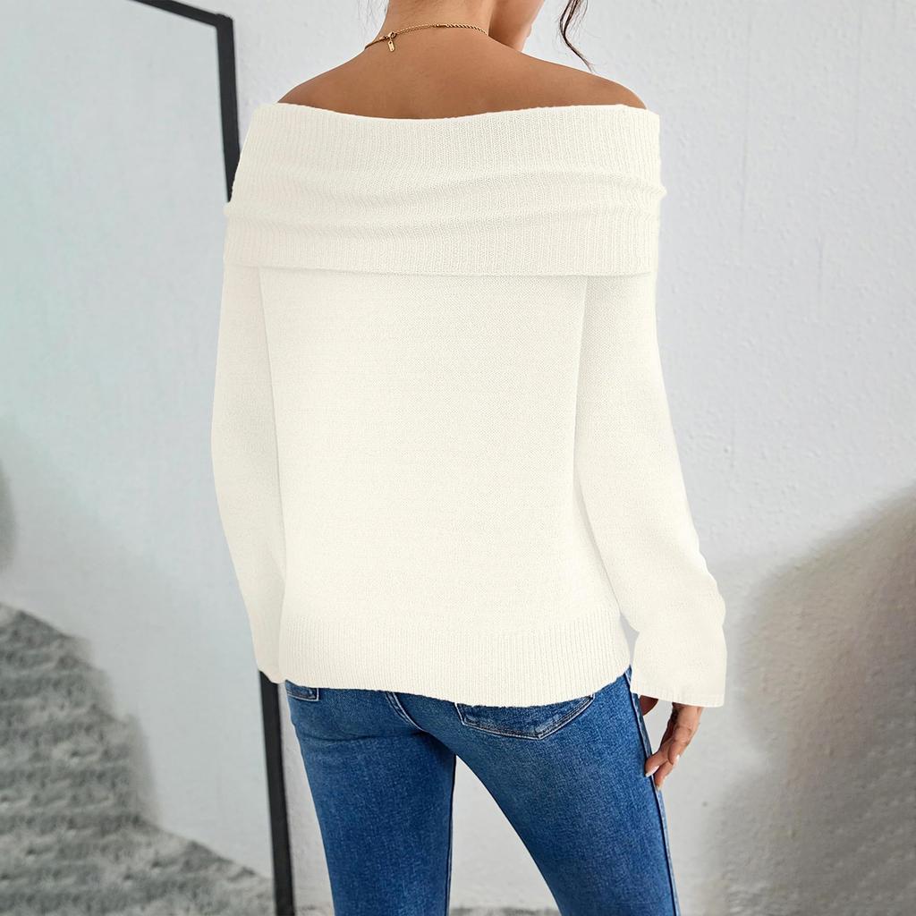 Women -color One-shoulder Slim And Fashionable Long-sleeved Knitted Sweater Top