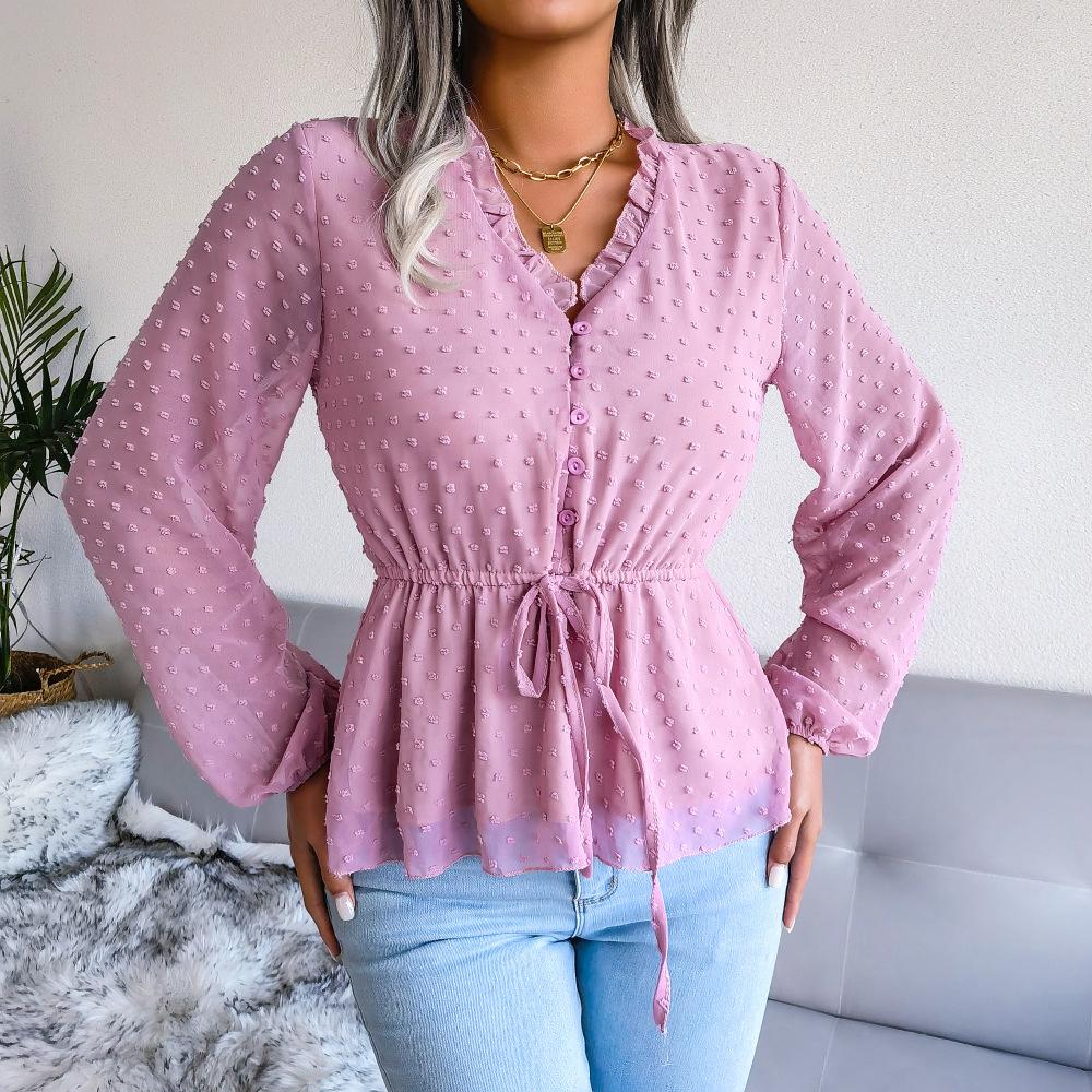 Blusa de primavera y verano para mujer, camisa de gasa con lunares y manga larga con volantes y cintura anudada