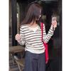 Korean-Style Color-Block Striped Long-Sleeve T-Shirt for Women, Early Spring, Faux Two-Piece Slim-Fit Knit Top, Casual Slimming Short Top