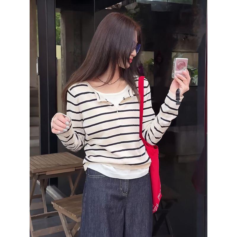 Korean-Style Color-Block Striped Long-Sleeve T-Shirt for Women, Early Spring, Faux Two-Piece Slim-Fit Knit Top, Casual Slimming Short Top