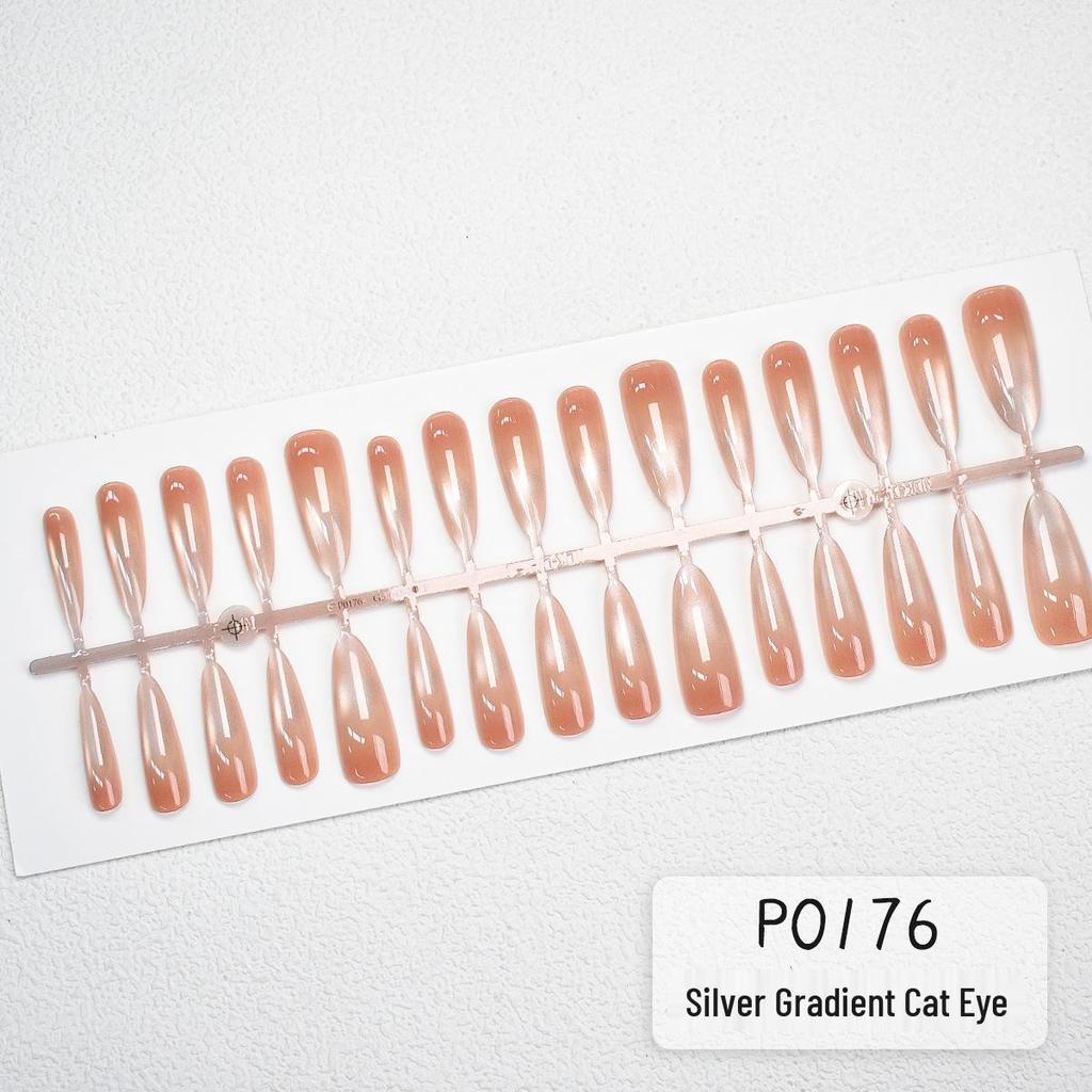 Silver Gradient Cat Eye Champagne French Full-Size Handmade Wearable Nail Tips