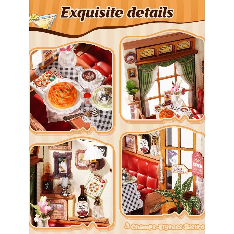 Rolife DIY Miniature House Kit Champs-Élysées Bistro Mini Dollhouse Model Building Kit Wooden 3D Puzzle Toys with LED Light for Home Decor Gift for