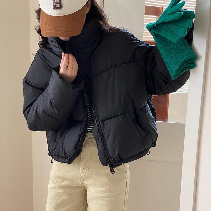 Women Short Medium Length Down Jacket Winter Warm Stand Collar Solid Color Casual Outerwear Coat