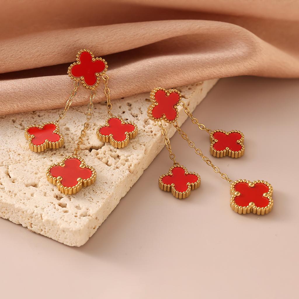 13mm Four-Leaf Clover Tassel Earrings Light Luxury Fashion Fresh Sweet Ladies Earrings