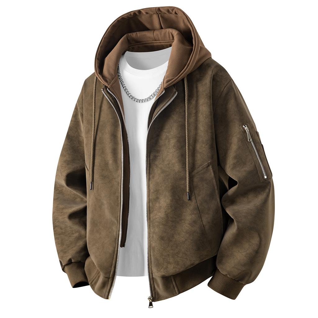 Giacca in Pelle PU Giacca in Pelle Scamosciata da Uomo Tendenza Moda Retro Americana Giacca con Cappuccio Giacca in Pelle