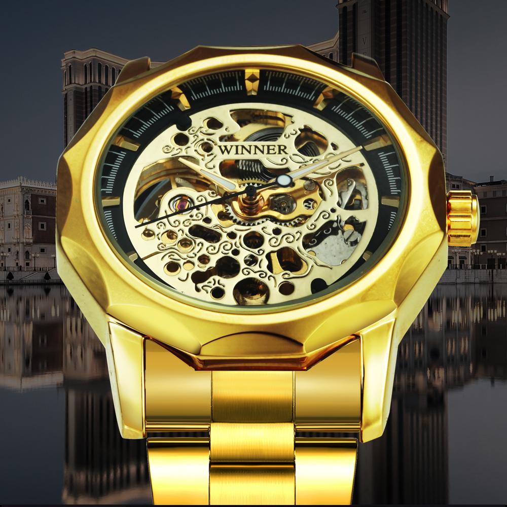 WINNER Luxury Gold Skeleton Automatic Watch for Men Luminous Pointers Royal Irregular Mechanical Watches Stainless Steel Strap