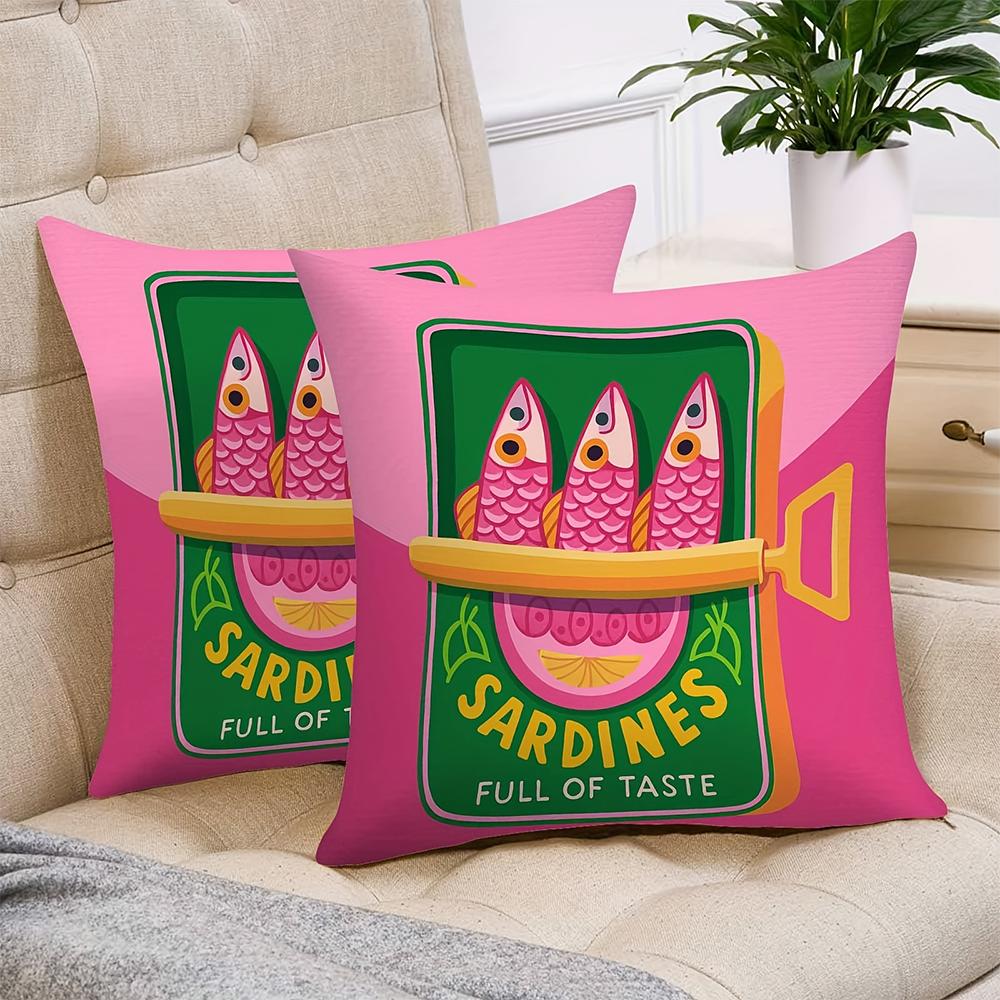Housses de coussin décoratives 2D plates - Lot de 2 - Thème Marin Côtier avec Motifs Poissons de l'Océan Crabe Homard Sardine - Housse de coussin pour canapé/fauteuil