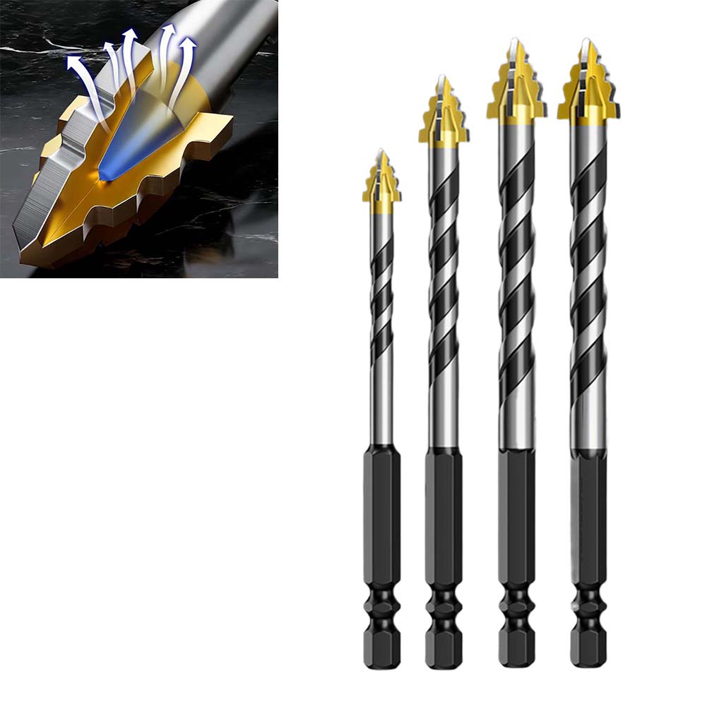 Eccentric four flute drill bit for tile and stone carbide triangle spiral geometry for enhanced stability and control