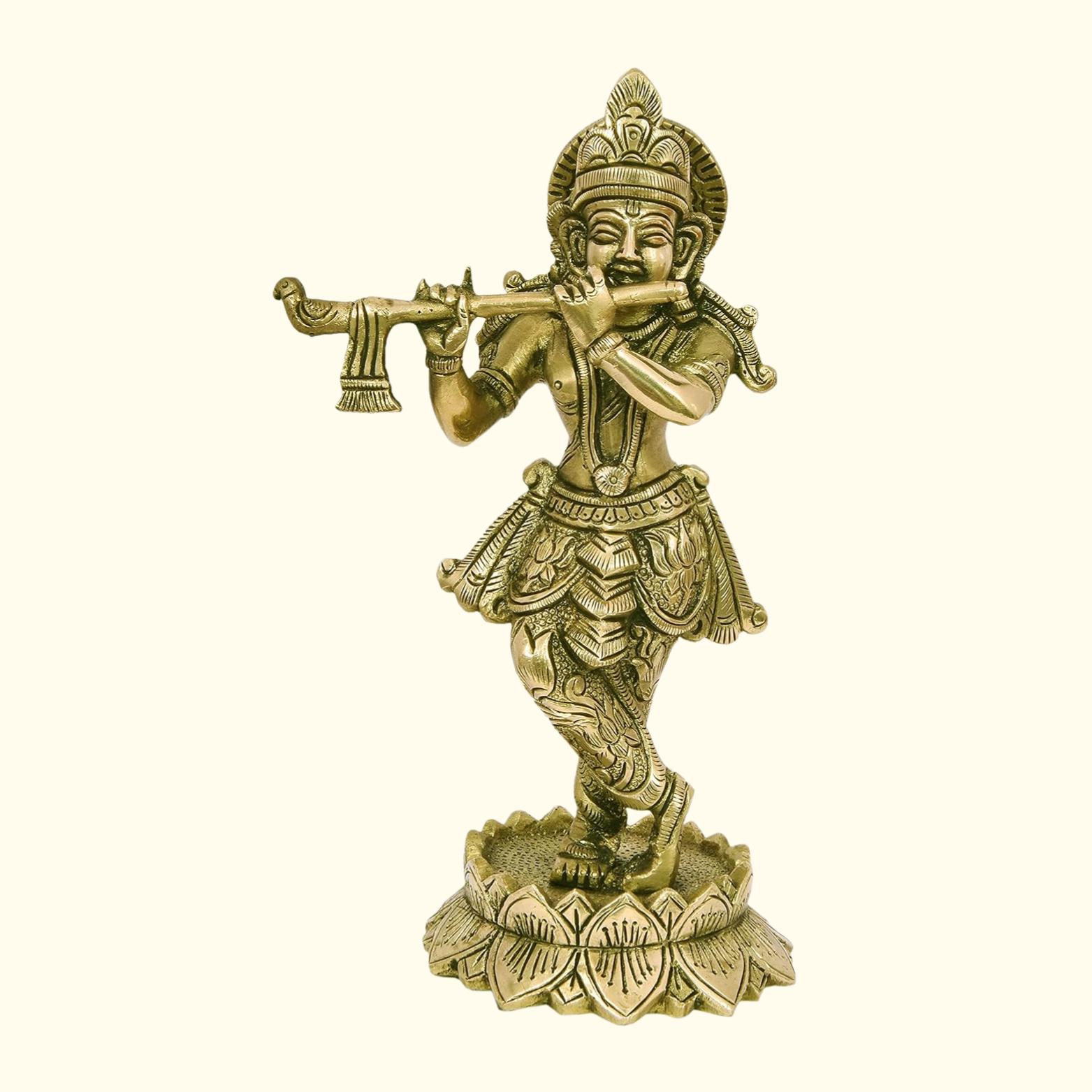 Pure Brass Showpiece Of Krishna On Lotus Statue Idol, Glossy Antique - 20 Cm