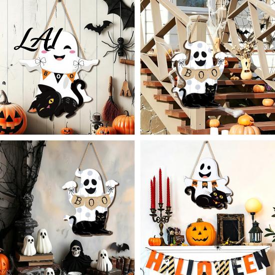 Vintage Style Holiday Wall Plaque Cute White Ghost Wooden Door Hanger Sign with Black Cat BOO Indoor Outdoor Banner Waterproof Halloween Front