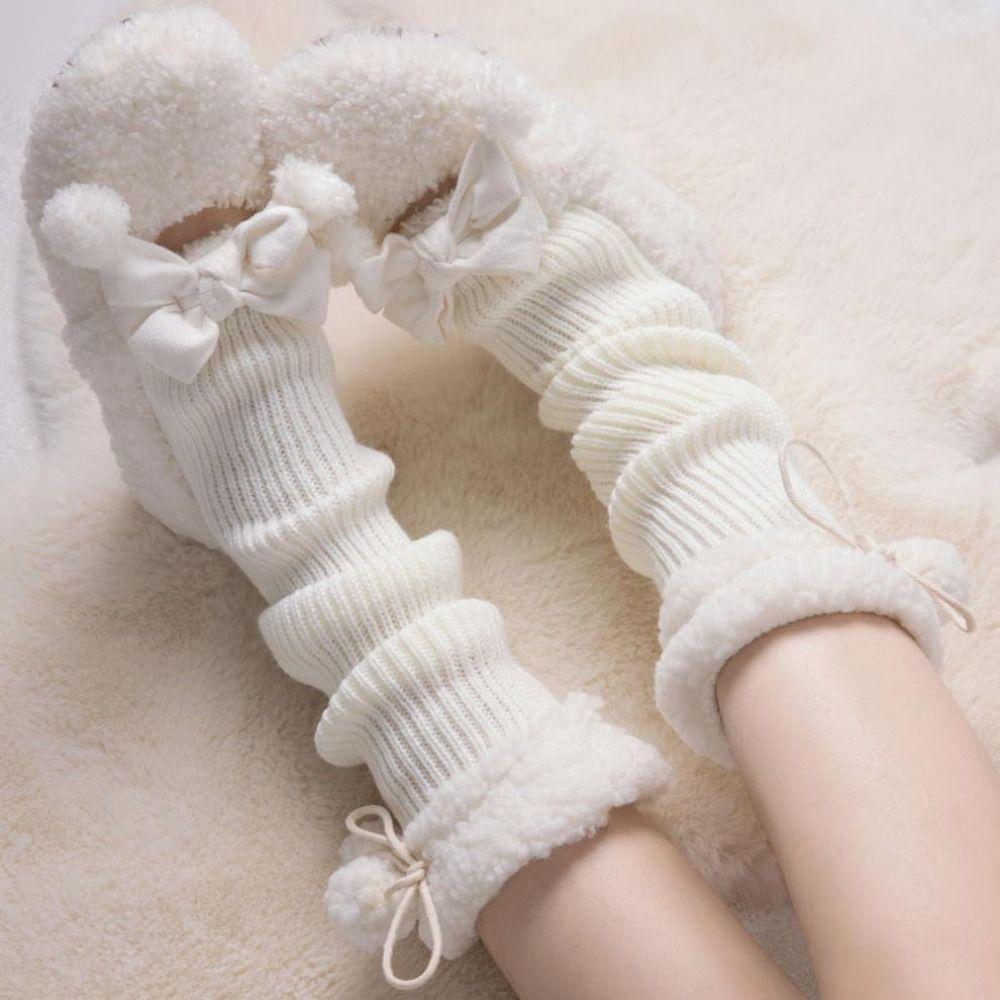 Lace Up Bowknot Lolita Stockings Plush Balls Leg Warmers Women Y2K Knitted Leg Warmer  Winter