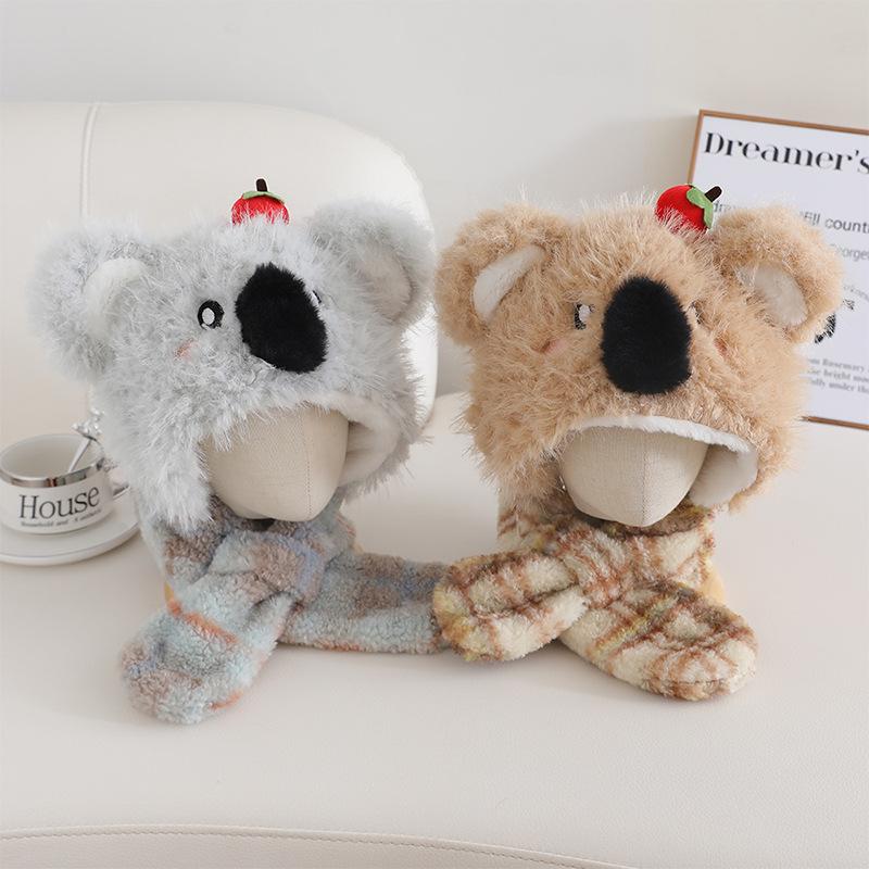 Winter Children's Ear Protection Hat Cartoon Cute Koala Scarf Hat One Piece Hat Anti Cold Lei Feng Hat Pullover Hat