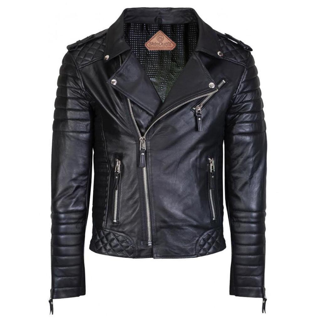 SKINOUTFIT Men Motorcycle Leather Jacket Genuine Black Lambskin Café Racer Biker Outerwear
