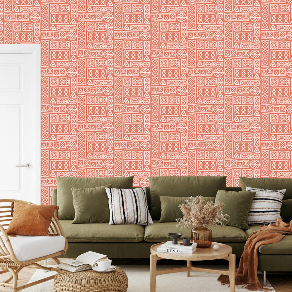 Polynesian Geometric Pattern Wallpaper Coral and Peach 50x1000