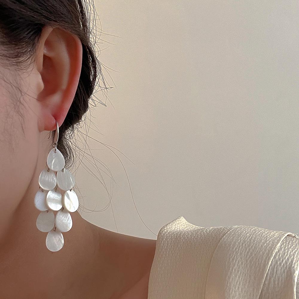 Korean-Style Water Drop Shell Tassel Earrings for Women