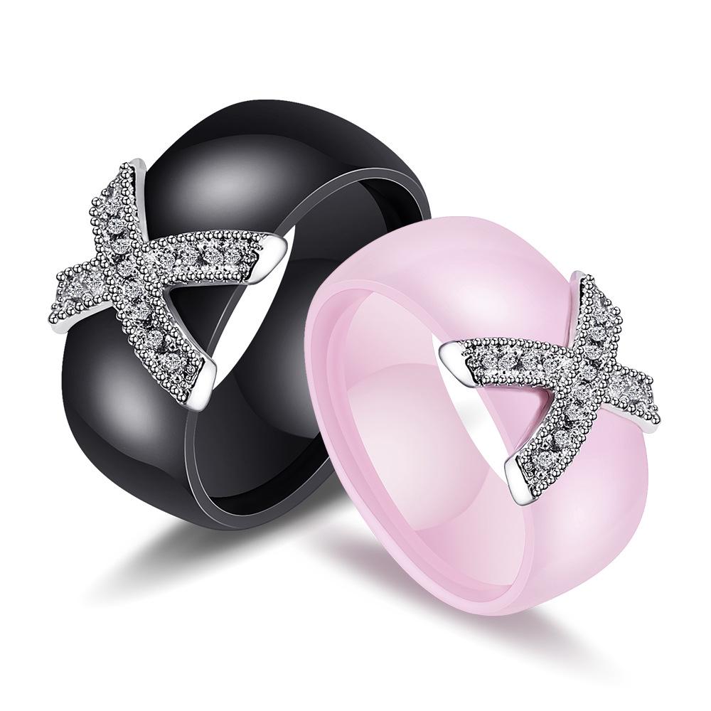 Europäisches & Amerikanisches Paar Passende Schwarz-Weiß Keramik X-Ringe mit Zirkon - 8MM Mode Ring.