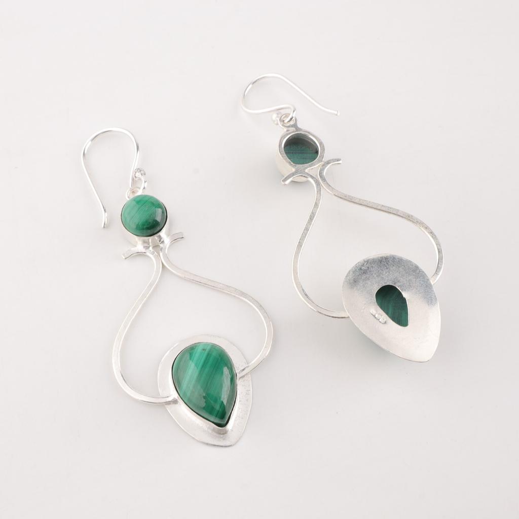 Natural Malachite Gemstone 925 Sterling Silver Handmade Partywear Earrings 2.07" EE-170-22
