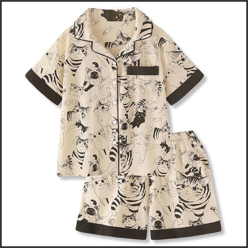 

Женский летний комплект пижамы с короткими рукавами из шелка и принтом «Кошка» M (recommended 80-100 jin)