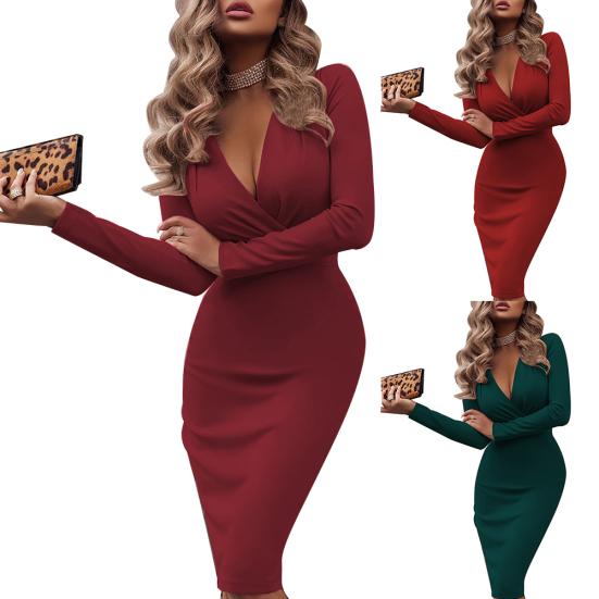 Mote Dame Ensfarget Langermet Cross V-hals Bodycon Bankett Midi-kjole