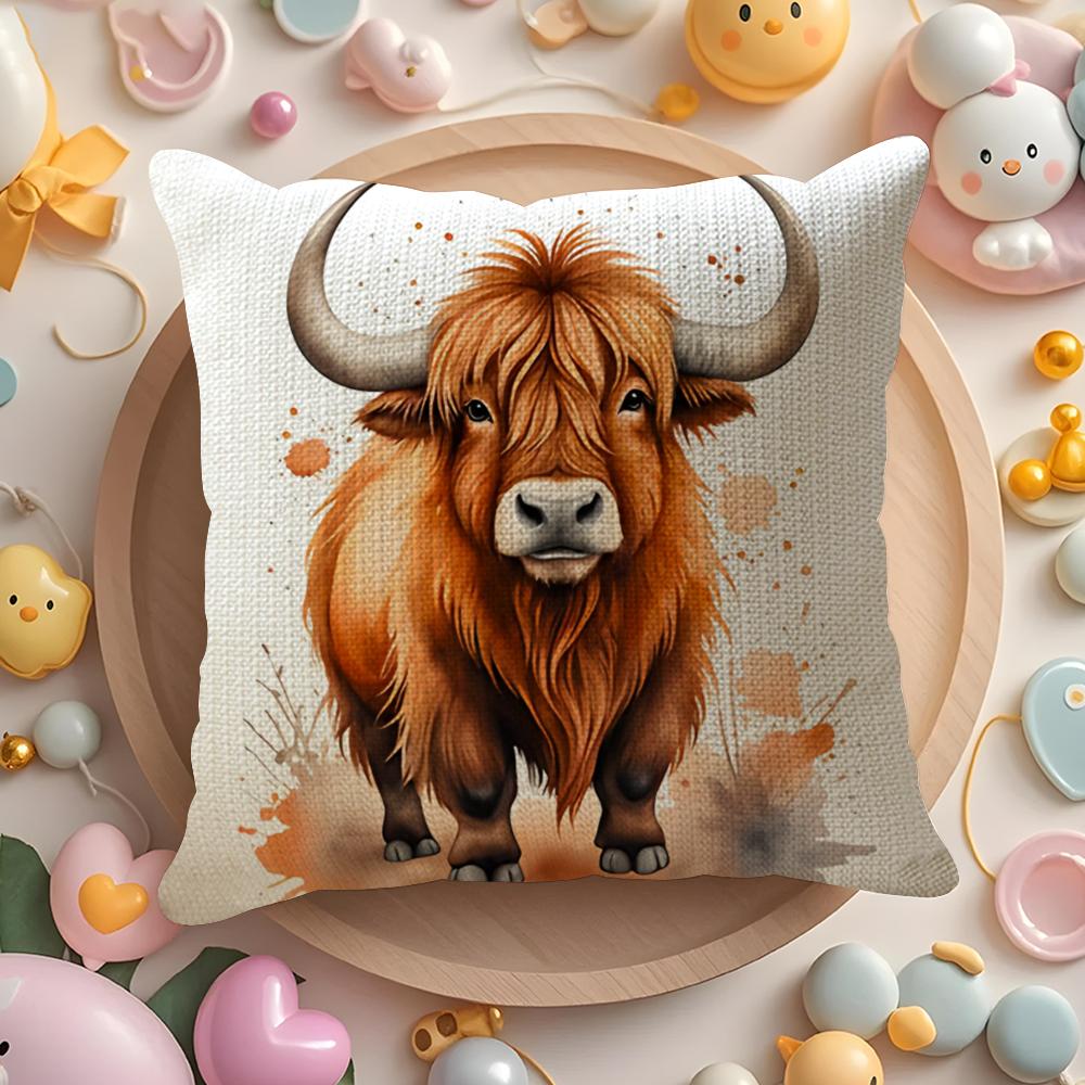 Highland cow and flower Cushion Cover Natural Linen Organic Fabric DoubleSided Printing Sofa Home Decor Gift Pillow Cover
