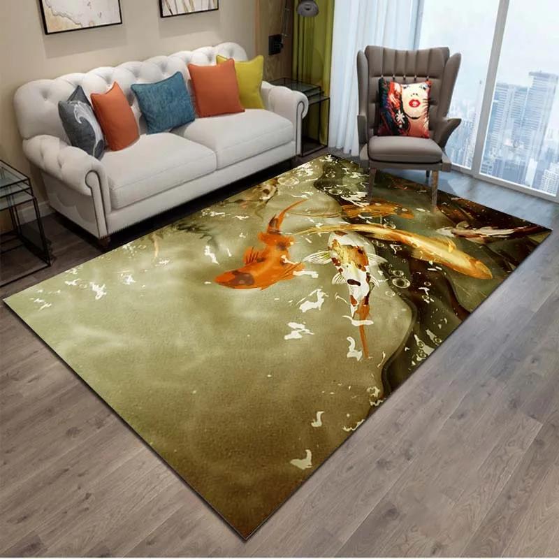 Chinesischer Koi Karpfen Tuschemalerei Glücksteppich Rosa Kirschblüten Teppich für Wohnzimmer Schlafzimmer Heimdeko Fußmatte Bodenmatten
