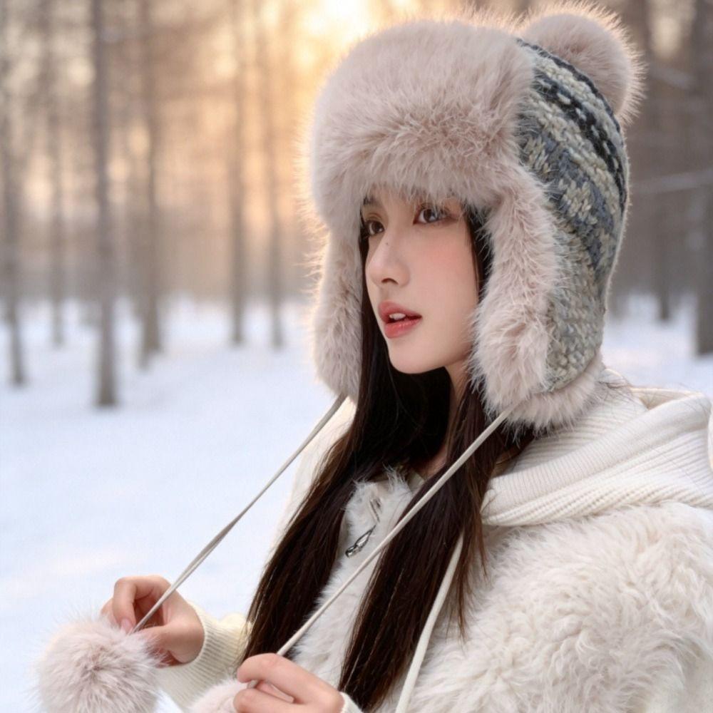 Pom Poms Knitted Trapper Hat 55-58cm Head Circumference Winter Hat Ushanka Hat Outdoor Activities