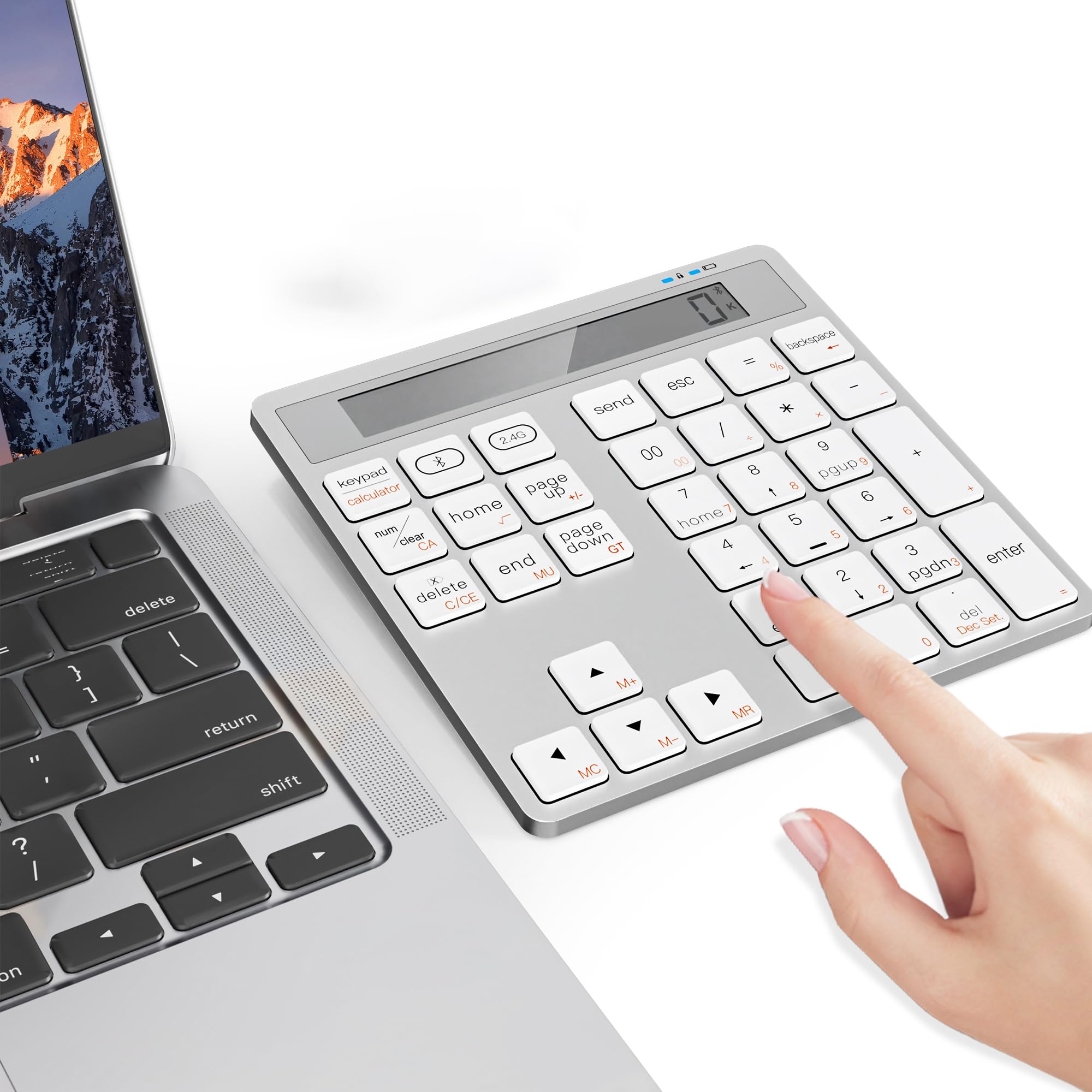 

Dual-Mode Bluetooth & 2.4G Wireless Numeric Keypad with Built-in Calculator, Compatible with MacLaptops, 34-Key Portable Accounting Keyboard for
