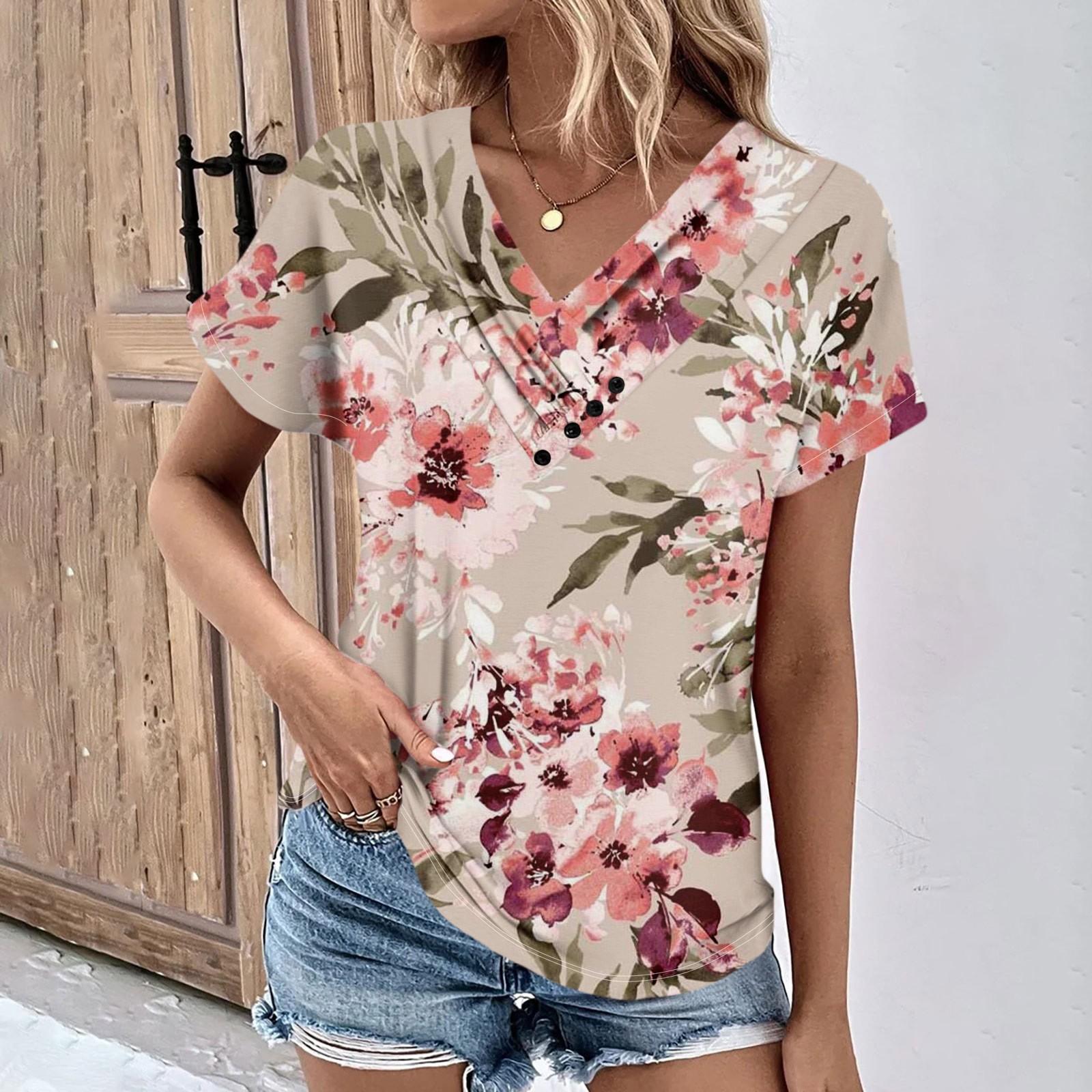 

Летние женские топы с цветочным узором для женщин, удобные женские топы с v-образным вырезом и короткими рукавами, футболки большого размера M розовый