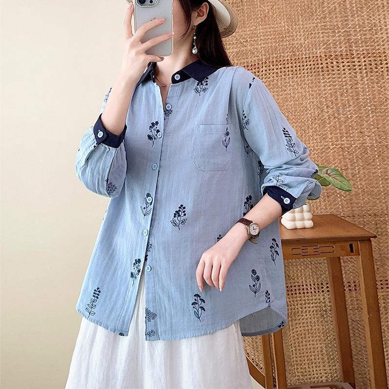 Dubbellaagse katoenen garen pure katoen revershemd, nieuwe Japanse casual stijl los en eenvoudig bloemenprint lange mouwen top voor dames