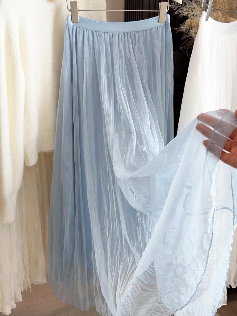 Elegant Versatile High-Quality A-Line Pleated Mesh Skirt for Women - Mid-Length Fairy Style