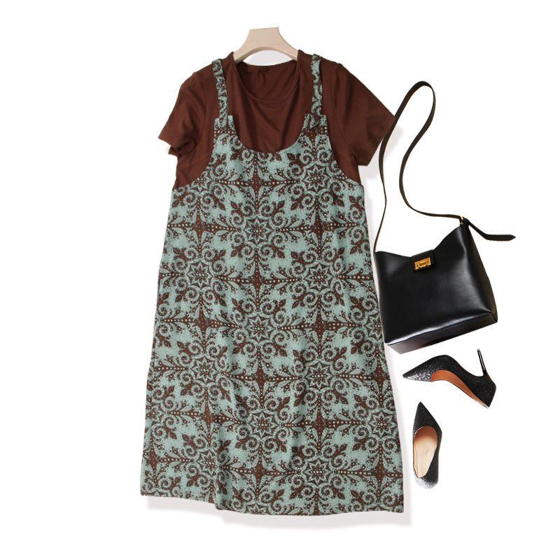 

Make a Lady! Women Fake Two Pieces Ramie Yarn Geometry Green Print A Word Short sleeve Refreshing Dress Summer Color 4XL