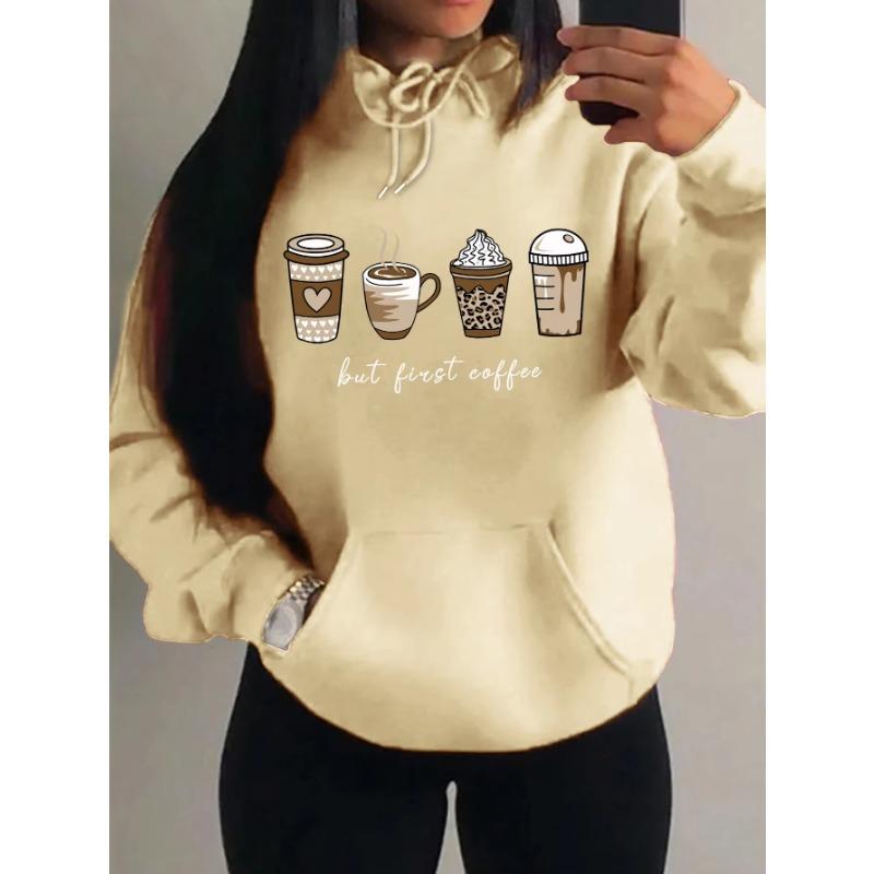 But First Coffee Cartoon Coffee Drink Pattern Hoodie Fashion Warm Casual Trendy Unisex Streetwear Pullover Sweatshirt Soft Fleece Material