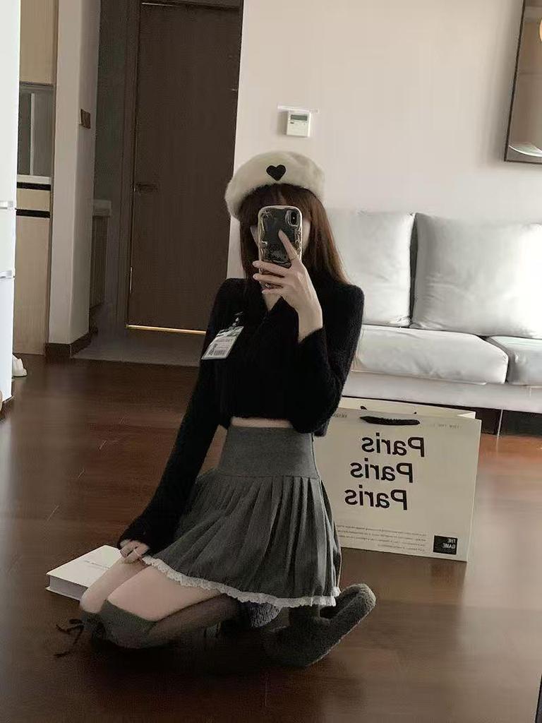 Szara Wełniana Plisowana Spódnica Midi, Wysoki Stan Wyszczuplająca Francuska Linia A dla Kobiet - Wiosna, Jesień, Zima