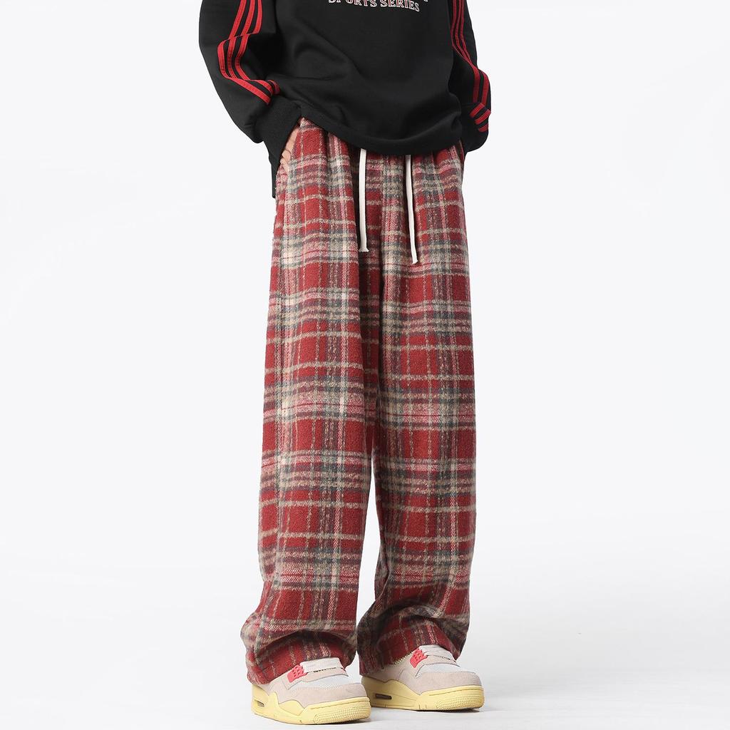 Men'S American Hip Hop Street Retro Plaid Straight High Waist Trousers Fashion Casual Pants Men'S