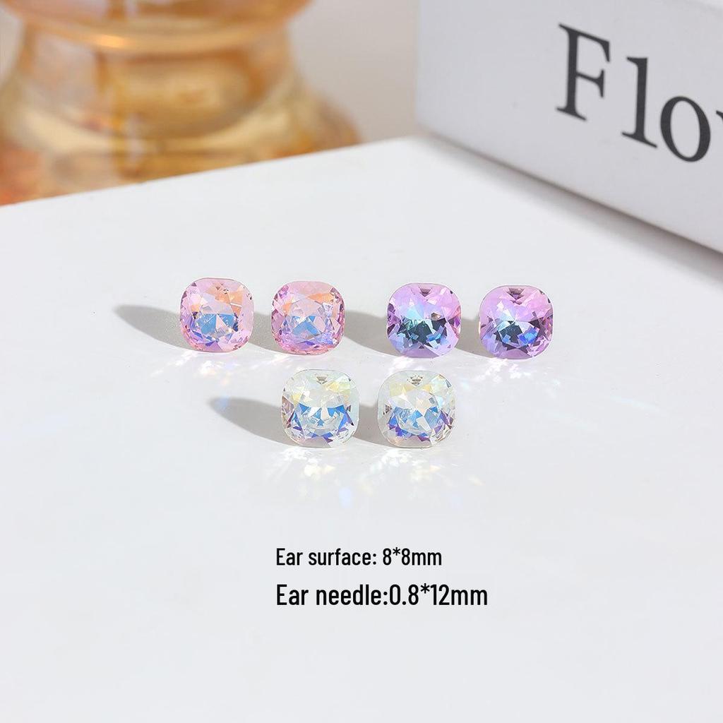 Aurora Square Stud Earrings Set: Pink, Purple, White Gradient Cubic Zirconia for Women - Multi-Color Versatile Jewelry.