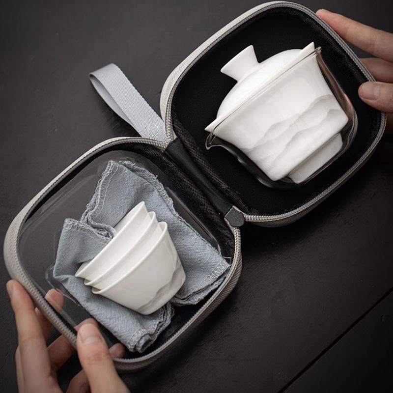 Goat Jade Porcelain Travel Tea Set Portable Quick Cup One Person Drinking Outdoor Camping Gear Outdoor Carrying Bag