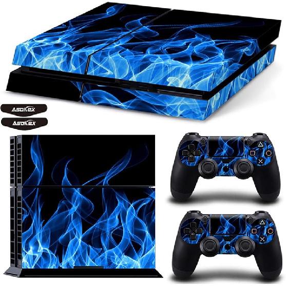 Ps4 Slim Stickers Full Body Vinyl Skin Decal Cover for PlayStation 4 Console Controllers (with 4pcs Led Lightbar Stickers) (Blue fire) (PS4 Console