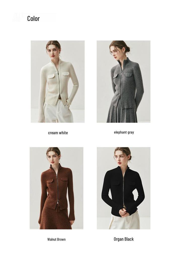 Korean Style Women's Cashmere Knit Cardigan - Slim Fit with Zipper Lapel and Long Sleeves for Versatile Wear